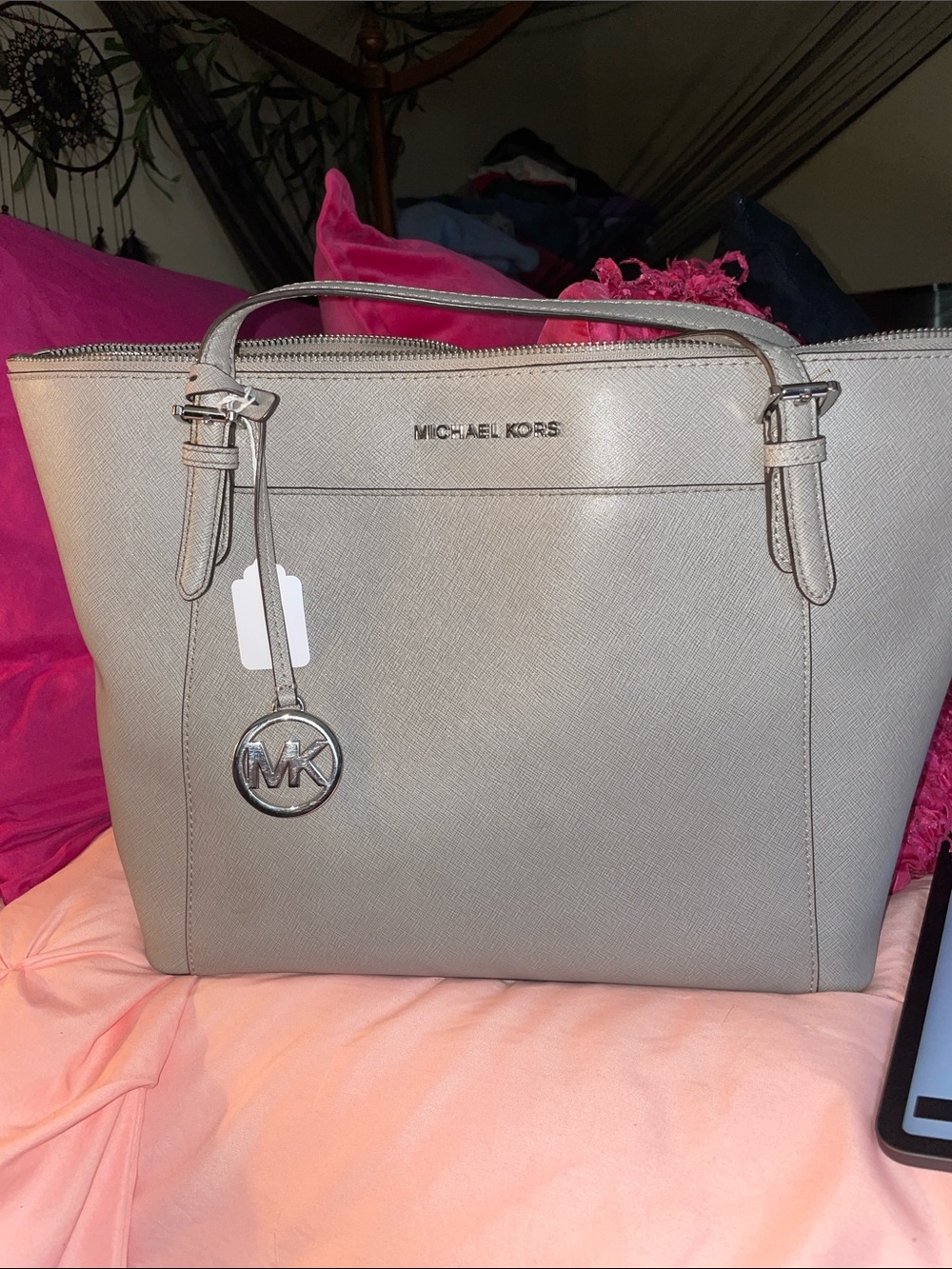 Michael Kors Light Gray Saffiano Tote with Top Handles